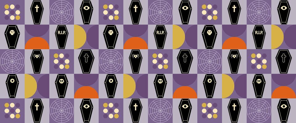 Halloween Abstract Geometric Bauhaus design background. Happy Halloween greeting card, poster. horizontal banner. Modern Holiday ornament, minimal Scandinavian retro shapes pumpkin, bat, ghost