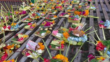 Close-up of Canang Sari, small offering baskets at a temple in Ubud, Bali video
