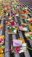 Close-up of Canang Sari, small offering baskets at a temple in Ubud, Bali video