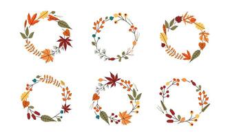 Ser of round botanical wreath with fall Autumn leaves, berries, branchlets. autumn illustration. Hand drawn illustration for poster, prints, cards vector