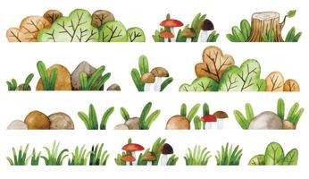 Watercolor image. Set of forest elements. Bushes, mushrooms and herbs. Cute illustration in simple style vector
