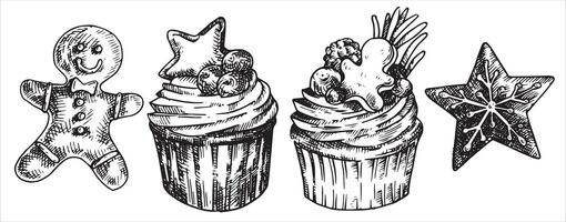 set of Christmas cupcakes and gingerbread cookies. illustration in sketch style. new year, christmas vector