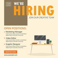 We are hiring job vacancy social media post. Employees needed. Join our team announcement. Illustration of a desk with a computer, plant, speaker, and books. vector