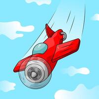 3D cartoon aircraft illustration. An old plane flying in the sky. Red airplane with motion lines and clouds background. vector