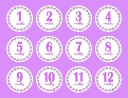 12 months stickers for the first year of the baby girl. Graphic design. vector
