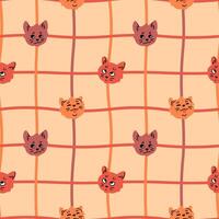 Seamless checkered pattern design. Stylized cute cats on light background. Repeating print for fabric, wrapping paper, textile vector