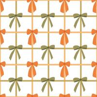 Autumn checkered seamless pattern with bows. Cute green and orange vintage bows and ribbons. fall hand drawn design for wallpaper, repeat background, print, textile, wrap paper. vector