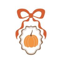 Cameo pumpkin with bow, ribbon isolated element. Cute Thanksgiving day element. Hand drawn autumn decorative pumpkin isolated on white background. illustration. vector