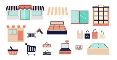 Flat Retail Store and Shopping Icon Set in Pastel Colors vector