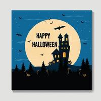 Happy Halloween Poster Template, Mix of Various Spooky Creatures, Moon and Castle, Flat Illustration vector