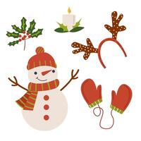 Merry christmas and happy new year concept background . A snowman, gloves, a candle, a sprig with berries. vector