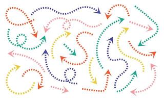Colorful dotted line arrows on white background. Arrow, cursor icon. Pointers collection. Back, next web page sign. Graphic design elements for business plan and education. vector
