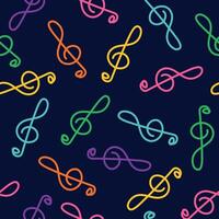 Seamless music pattern. Colorful treble clefs in flat style. Drawing a sketch by hand. Clef signs on a dark backdrop for use in graphic and fabric design. vector