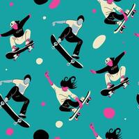 Set of modern skaters jumping with skateboards. Square seamless pattern. Teenagers ride a longboard, jump and perform tricks. Street activity for teenagers on longboards. vector