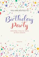 Birthday invitation template with confetti. Flyer, booklet, leaflet concept with flat illustrations. Page cartoon layout for magazine. Anniversary celebration invitation with text. vector