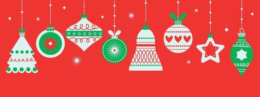 Set of Christmas tree ornaments isolated on red background. Vivid Christmas balls in red, green, white colors. vector