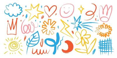 Set of hand drawn colorful charcoal doodle shapes and squiggles in childish style. Pencil drawings isolated on white background. Sun, crown, flowers, stars, heart and decorative elements. vector