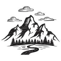 a black and white drawing of a mountain and a river with a river vector