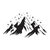 a black and white drawing of a mountain with stars and a star in the sky vector