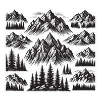 a black and white drawing of a mountain range set vector