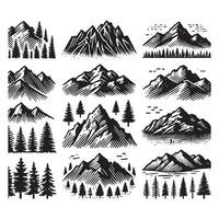 a collection of mountains with trees birds vector