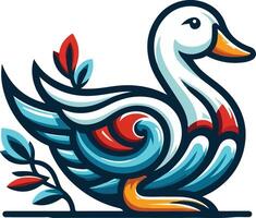 Cartoon illustration of a white duck with a yellow beak brown and white feathers and orange feet vector