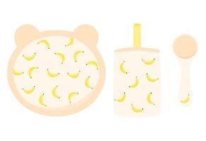 Baby tableware set with bananas in flat design. Kid dish, bib, cutlery for children vector