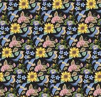 Seamless floral pattern on black background with blue bird vector