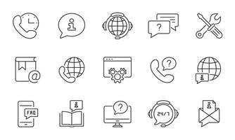 Customer Support and Global Communication Tools Line Icon Set. Customer Service Outline Symbol Collection. Editable Stroke. Isolated Illustration vector