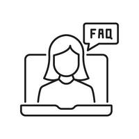 Woman on Call Line Icon with FAQ Bubble for Online Support and Communication. Virtual Customer Support Services Outline Symbol. Editable Stroke. Isolated Illustration vector