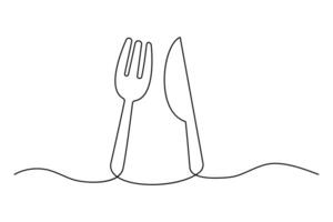 Chic continuous line sketch of knife and fork outline art illustration vector