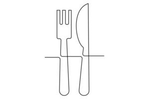 Trendy knife and fork outline in continuous line art illustration vector