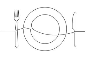 Clean continuous line drawing of knife and fork outline art illustration vector