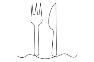 Continuous one line drawing of knife and fork outline art illustration vector