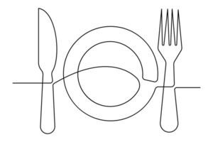 Elegant continuous line representation of knife and fork outline art illustration vector