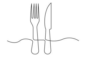 Artistic knife and fork design in a continuous line outline art illustration vector