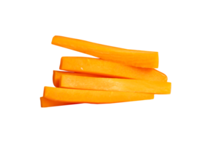 Side view of orange carrot slices in stick shape in stack isolated with clipping path in file format png