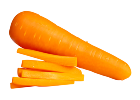 Side view of orange carrot with slices in stick shape in stack isolated with clipping path in file format png