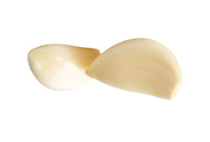 Side view of white peeled garlic clove in stack isolated with clipping path in file format png