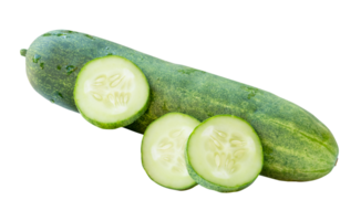 Side view of fresh green cucumber with slices in circle shape in stack isolated in file format png