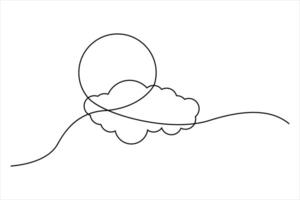 Minimal sun and cloud outline in single continuous line art vector