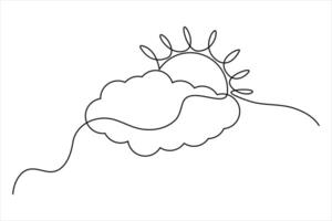 Minimal sun and cloud design in continuous line art for graphics vector