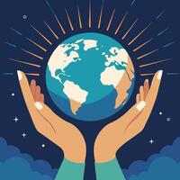 Illustration art with child planting, classroom where robots, humans are learning together, pencils, and a miniature globe vector