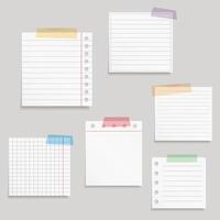 Paper and tape, blank white paper notes with colored tape vector