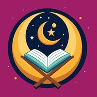 An open book with a crescent and stars on a purple background vector