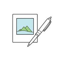 Featuring a pen resting beside a photograph on a textured surface isolated doodle line art flat illustration on white background. vector