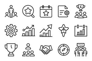 Goal, teamwork, share, performance, knowledge and planning related editable icon set isolated flat illustration white background. vector