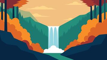 waterfall cascades through a vibrant forest adorned with colorful autumn leaves flat illustration Nature background vector