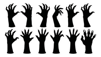 Halloween zombie hands silhouettes set isolated flat illustration on white background. vector