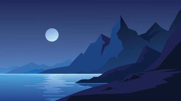 rocky shoreline illuminated by moonlight, with majestic mountains rising in the background under a starry night skyflat illustration Nature background. vector